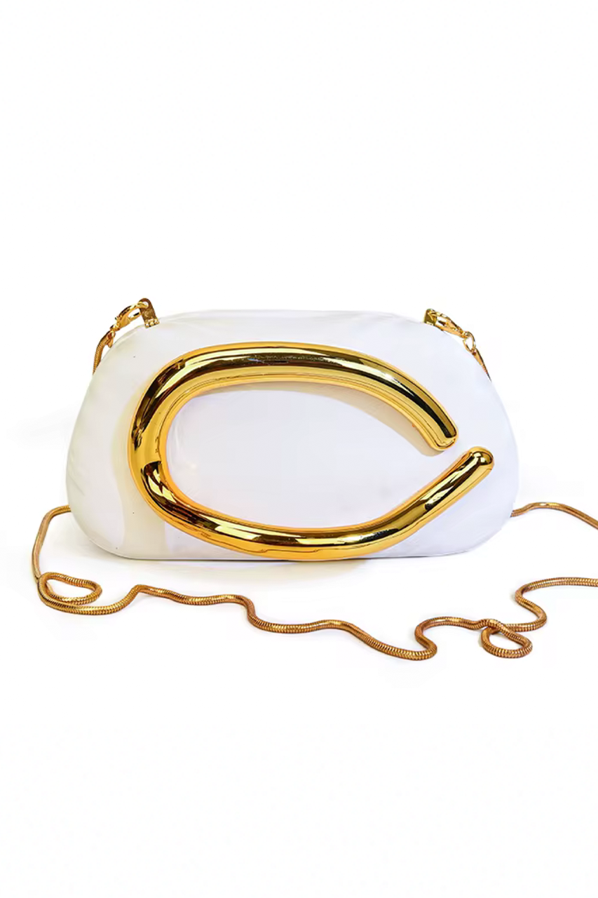 White Embossed Gold Chain Clutch Bag