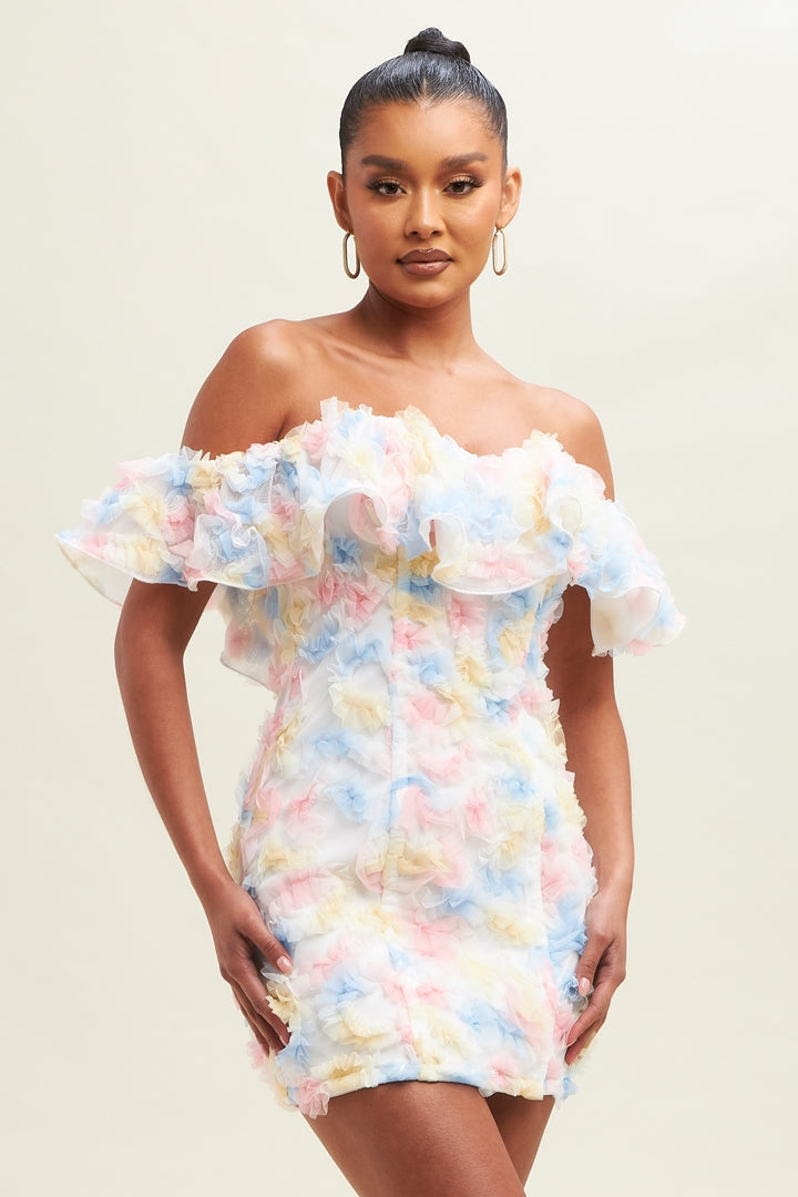 White Pink & Blue Ruffle Off The shoulder Structured Mini Dress