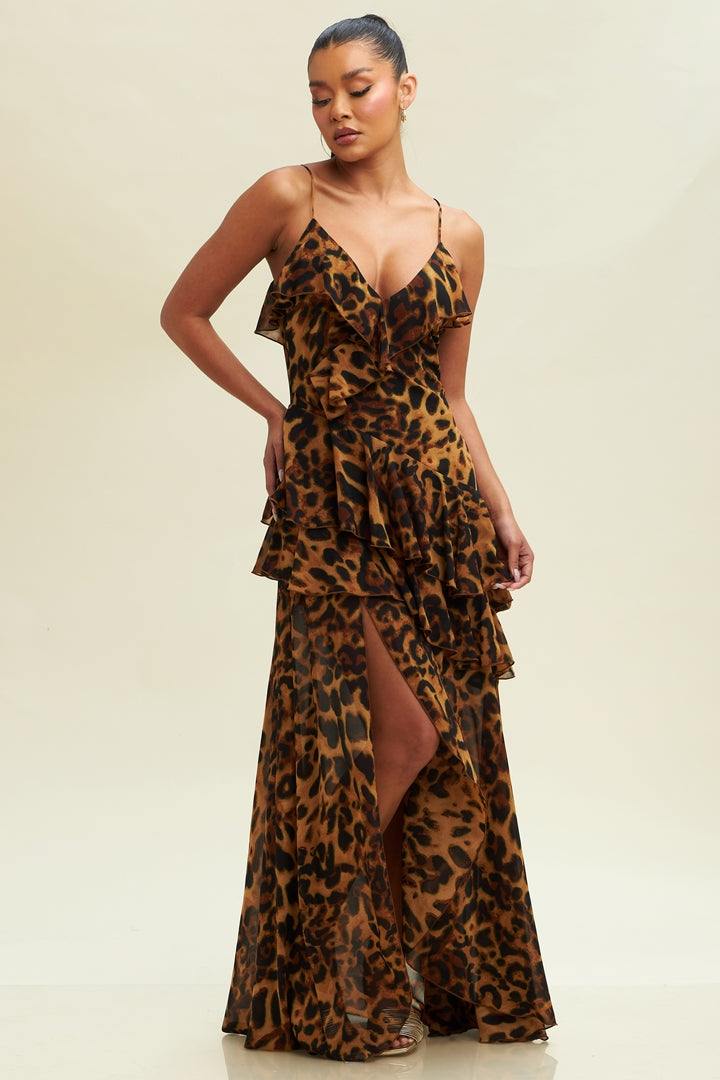LEOPARD CHIFFON LAYERED MAXI DRESS