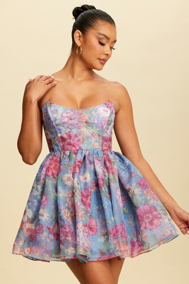 Blue Floral Puff Ball Bandeau Mini Dress