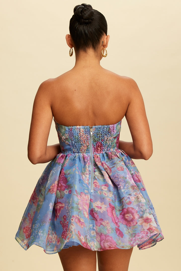 Blue Floral Puff Ball Bandeau Mini Dress