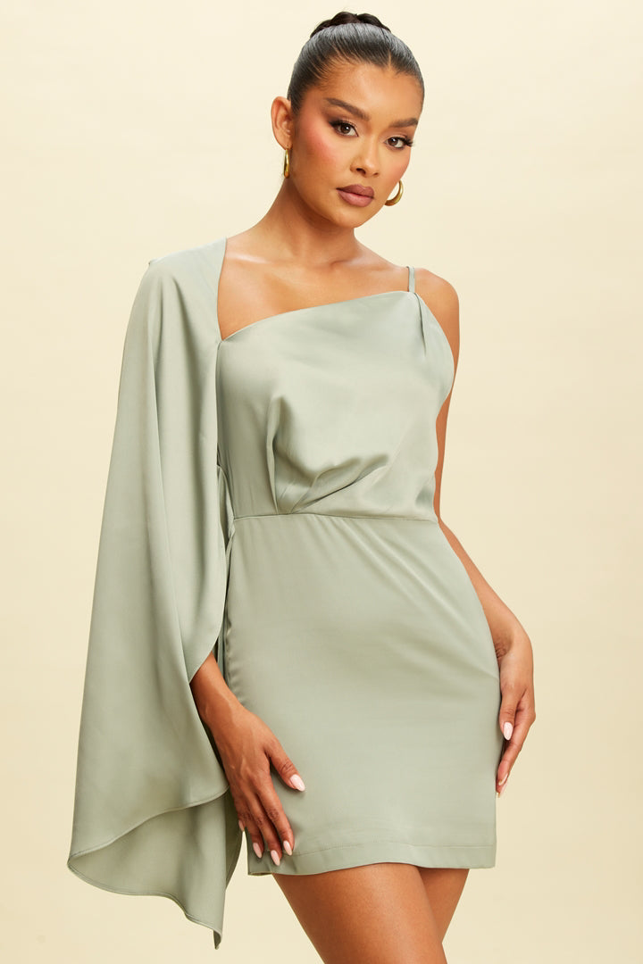 Sage Green Satin Cape Shoulder Mini Dress