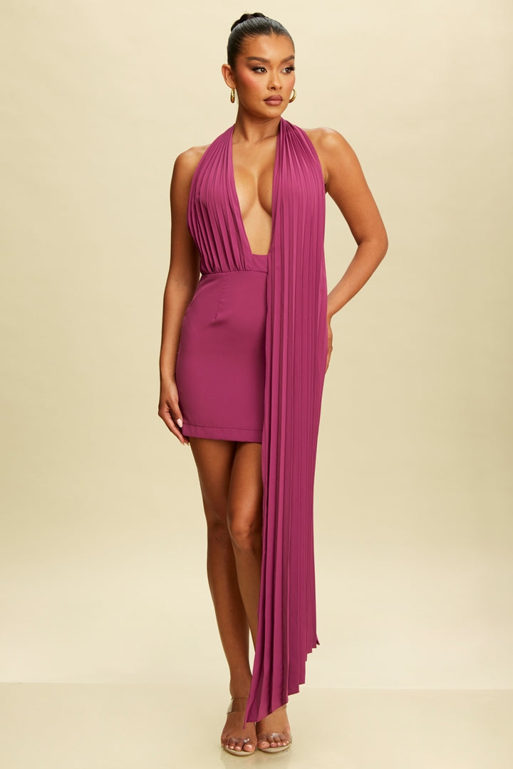 Berry Pink Pleated Drape Plunge Open Back Mini Dress