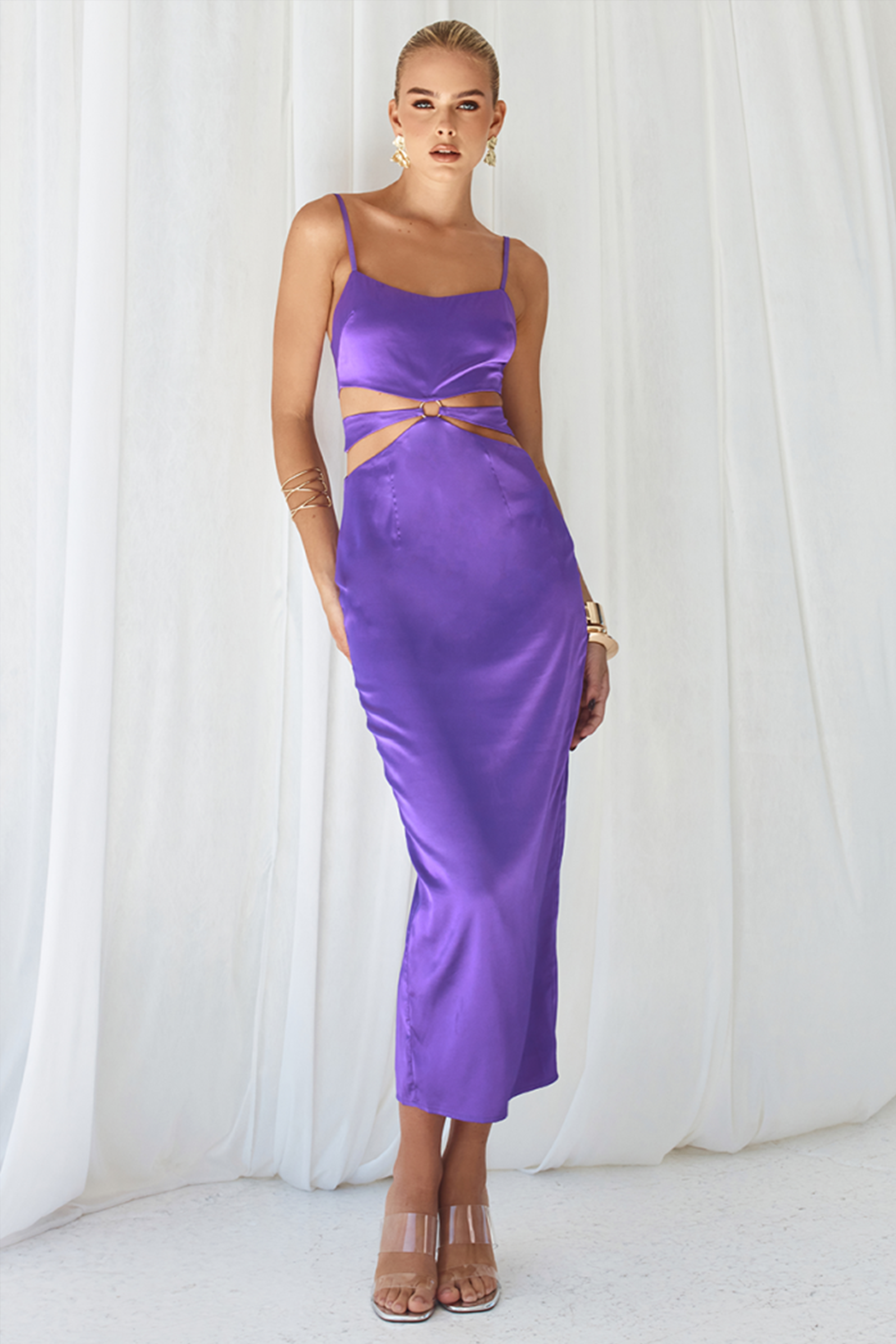 RUNAWAY THE LABEL Violet Purple Satin Cutout Maxi Dress