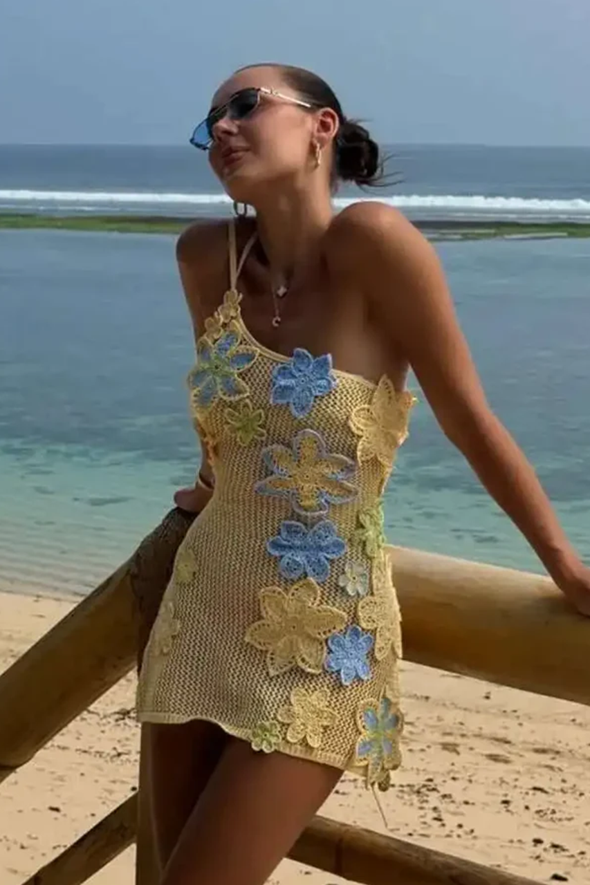 Yellow Floral Crochet Knit Mini Dress