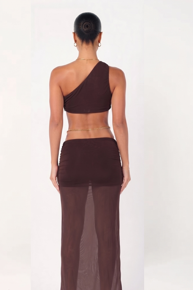 Brown Mesh One Shoulder Crop Top & Maxi Skirt Coord