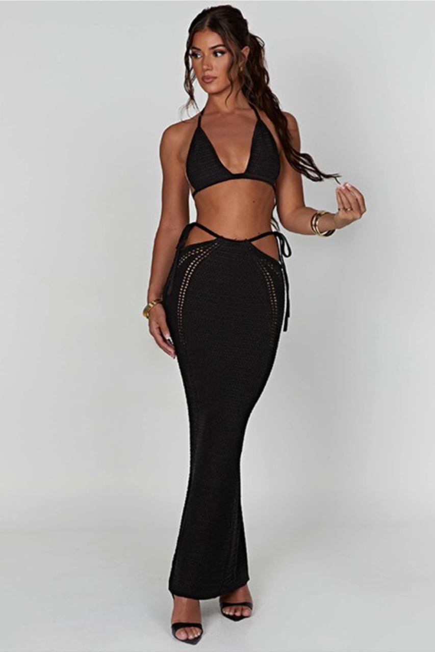 Black Crochet Bralette & Maxi Bodycon Skirt Coord