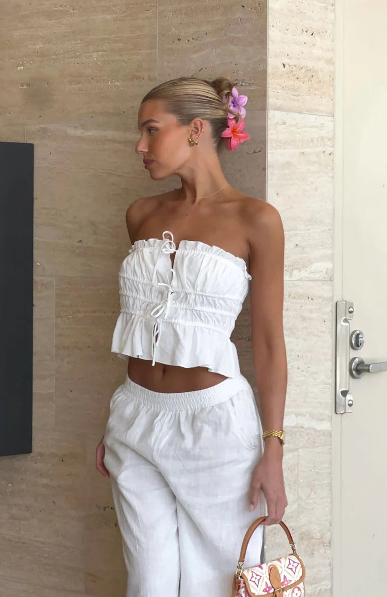 White Ruched Spaghetti Strap Crop Top