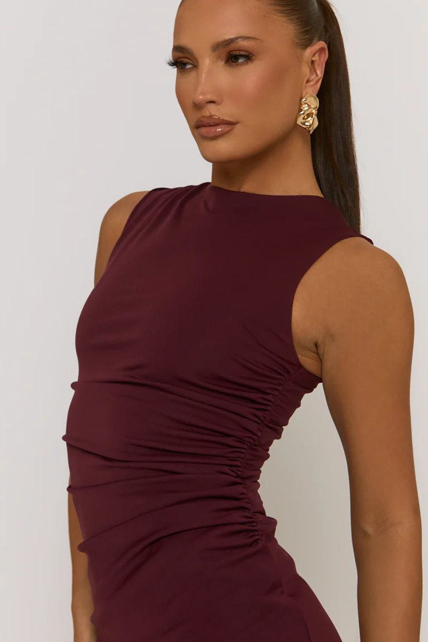 Burgundy Ruched Mini Dress