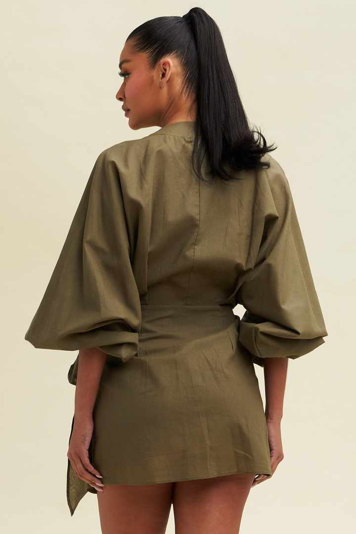 Olive Green Linen Wrap Front Lantern Puff Long Sleeve Mini Dress