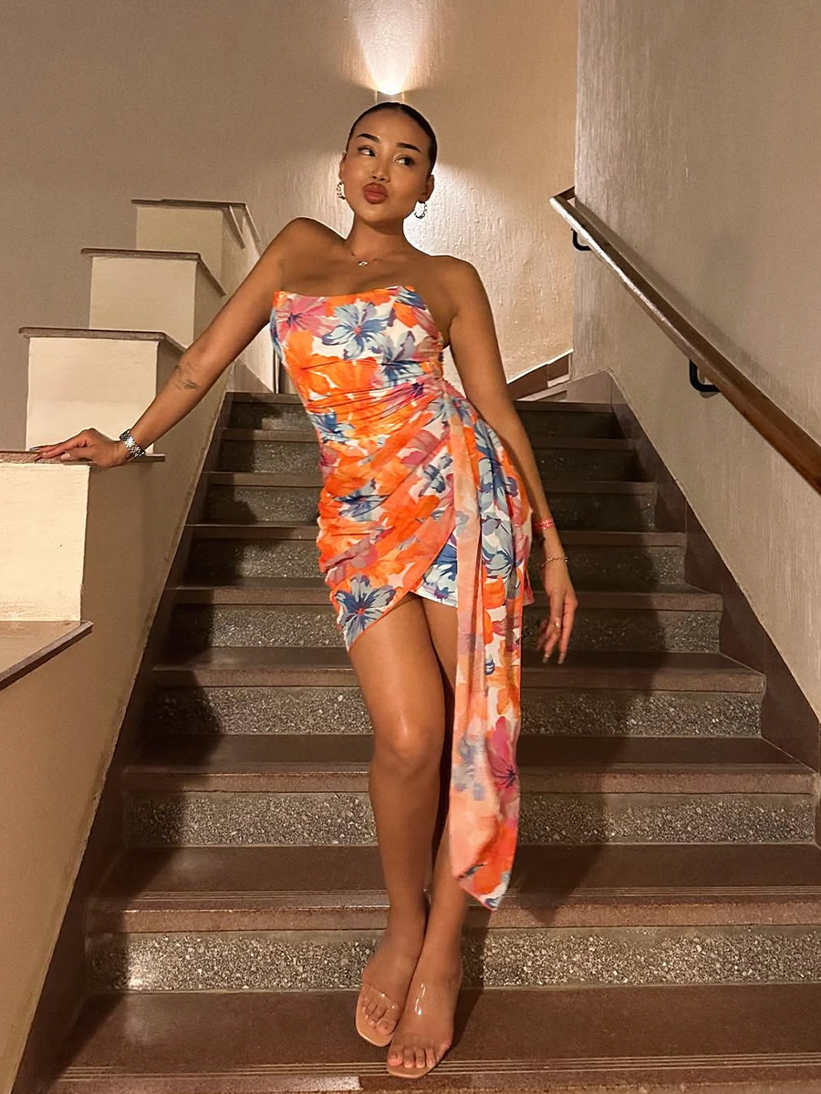 Orange Floral Bandeau Mesh Drape Mini Dress