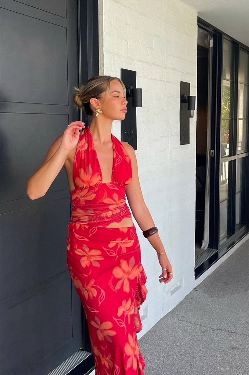 Coral Red Floral Cut Out Ruffle Maxi Dress