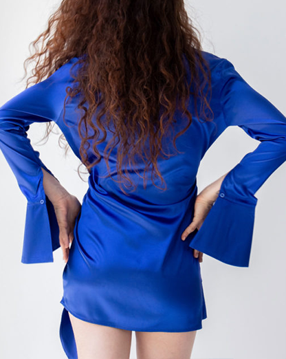 Royal Blue Wrap Front Satin Shirt Dress