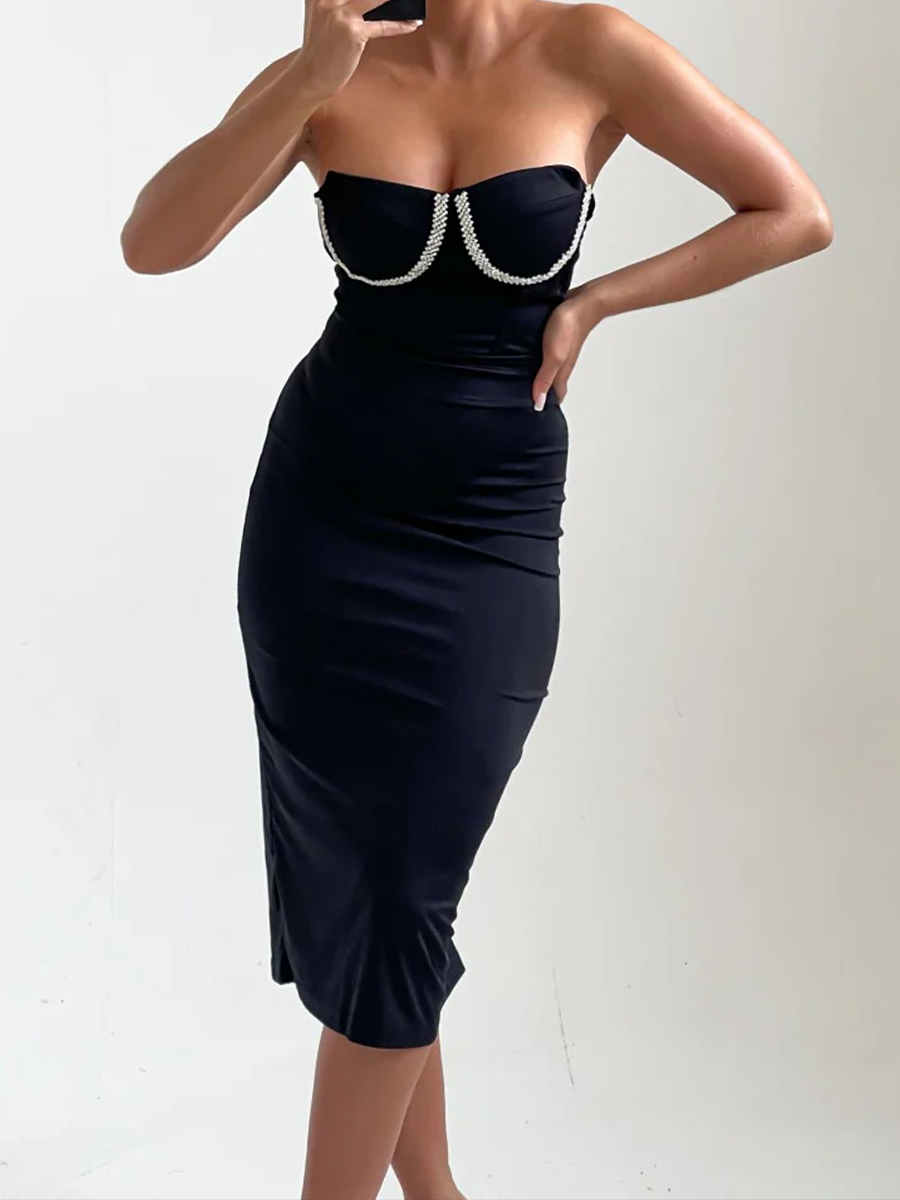 Black Bandeau Rhinestone Embellished Midi Dress