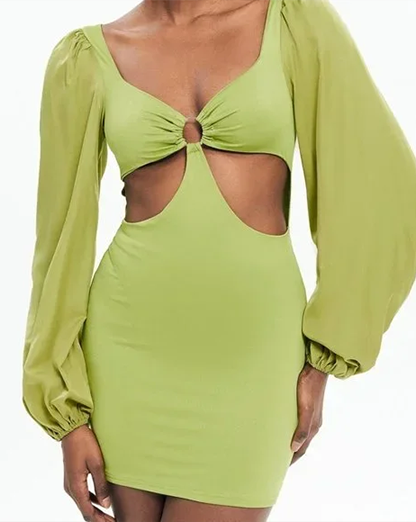Green Contrast Puff Long Sleeve Ring Detail Cutout Mini Dress