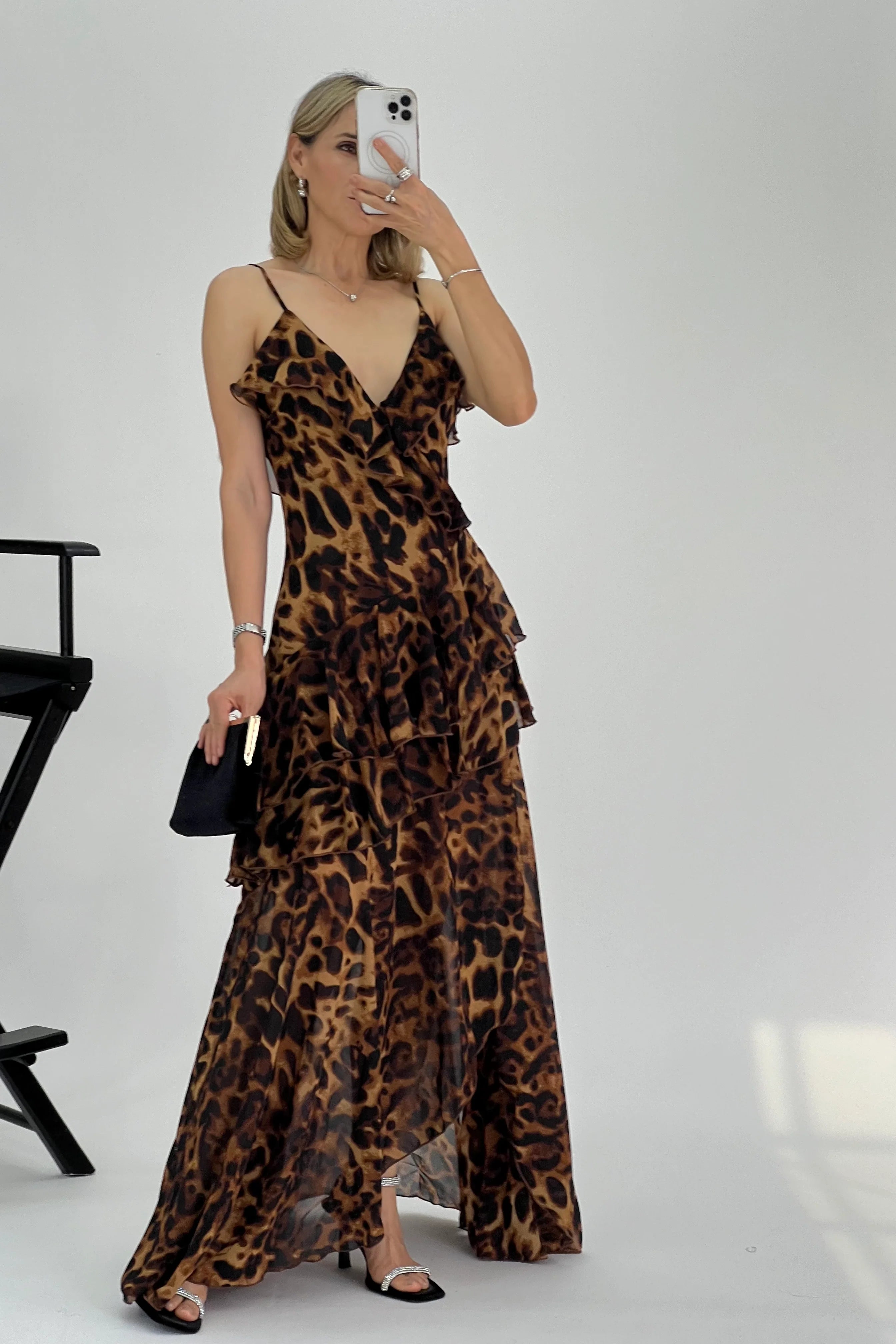 LEOPARD CHIFFON LAYERED MAXI DRESS