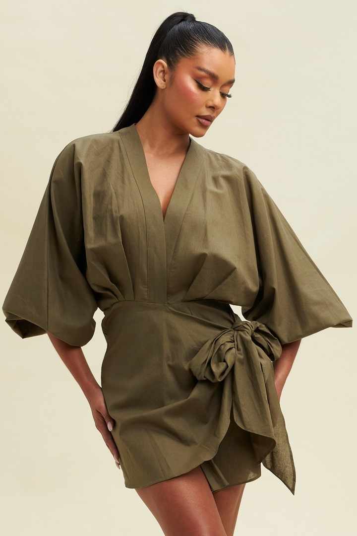 Olive Green Linen Wrap Front Lantern Puff Long Sleeve Mini Dress