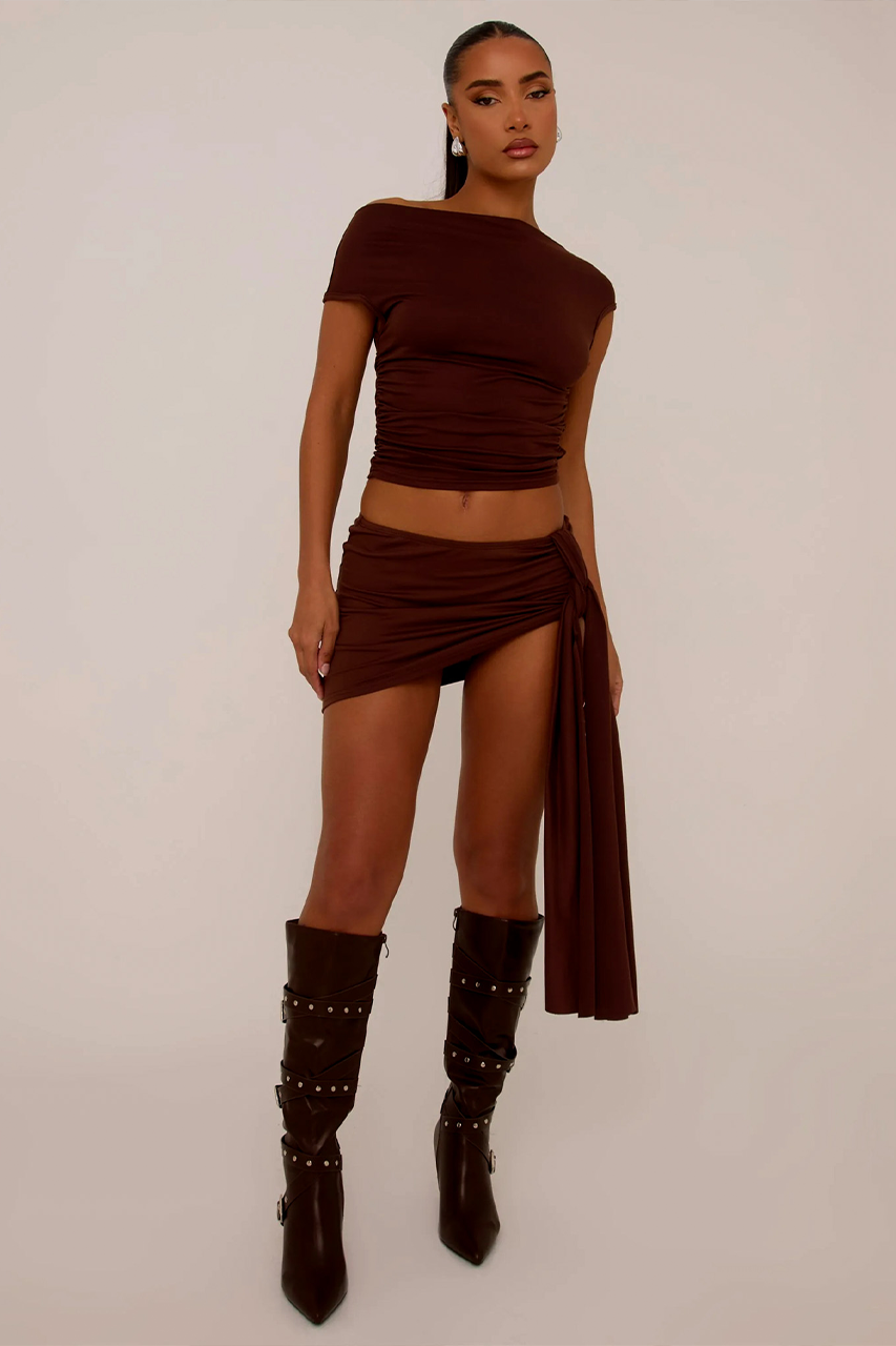 Mocha Brown Mini Drape Skirt Coord