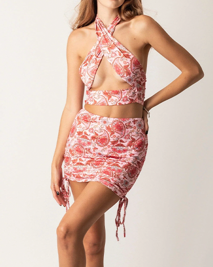 Pink Paisley Print Crop Halter Neck & Mini Skirt Coord