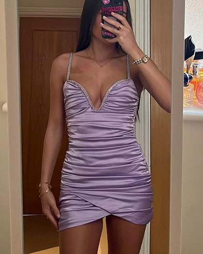 Lilac Gem Embellished Ruched Satin Mini Dress