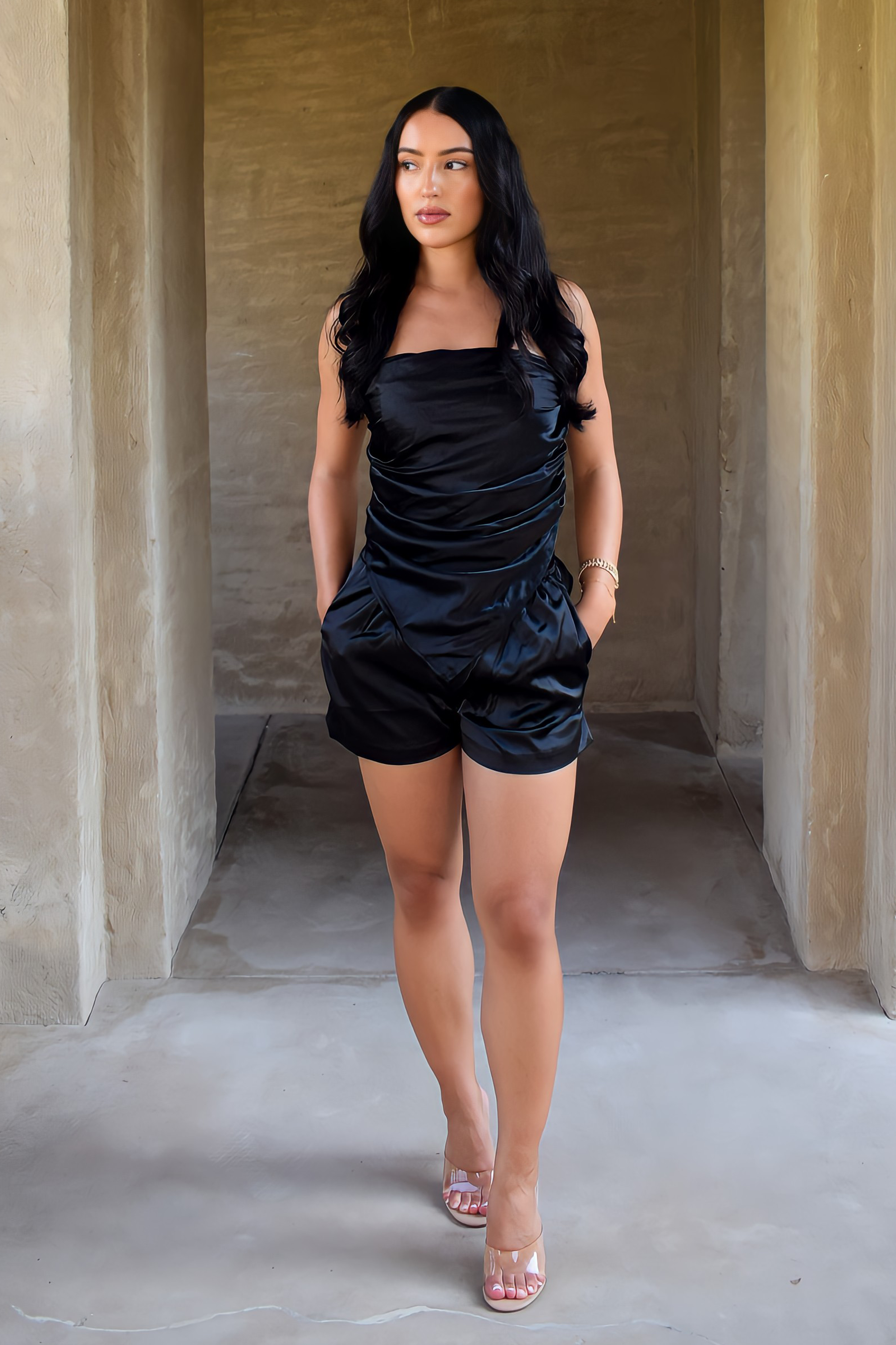 Black Satin Corset Top & Shorts Coord