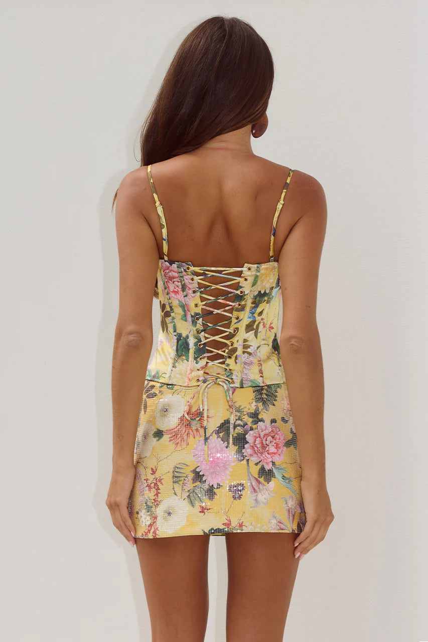 RUNAWAY THE LABEL ELI BUSTIER & OPHIRA SEQUIN MINI SKIRT COORD - KENDALL YELLOW
