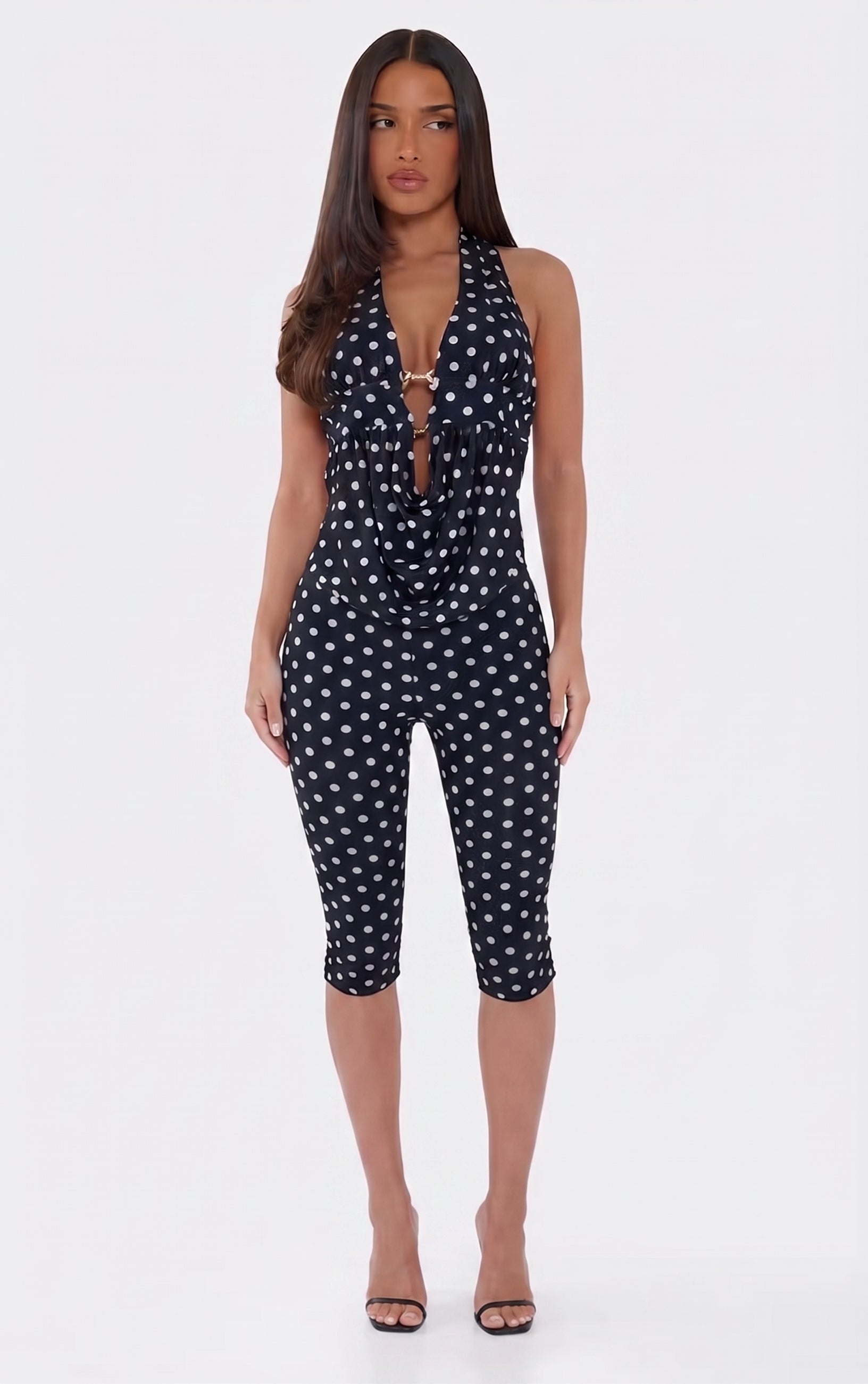 Black Polka Dot Plunge Top & Capri Pants Coord