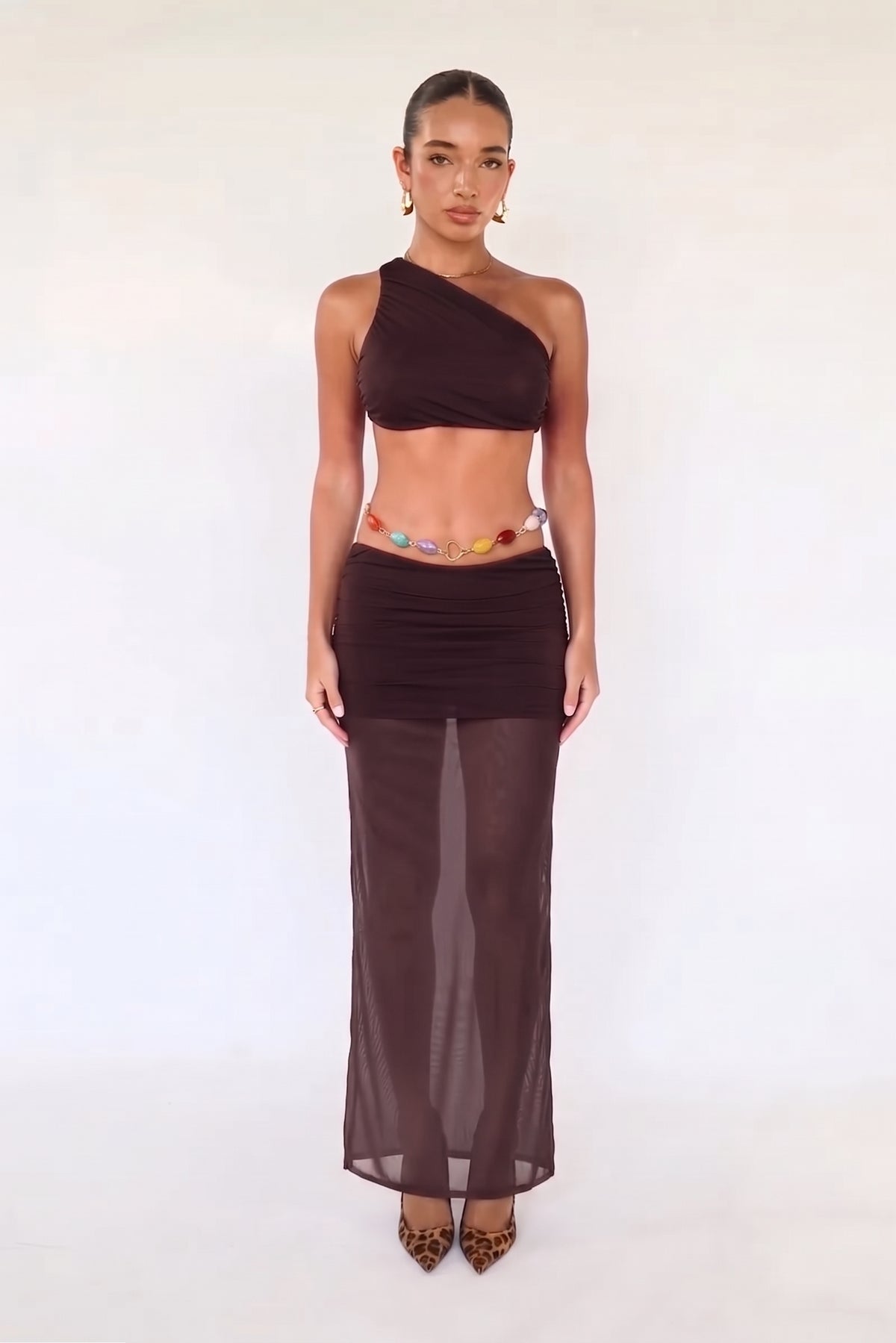 Brown Mesh One Shoulder Crop Top & Maxi Skirt Coord