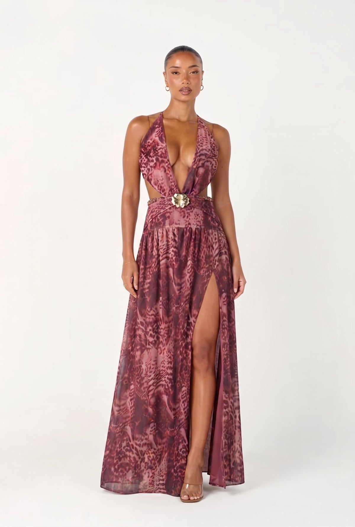 Burgundy Leopard Print Plunge Maxi Dress