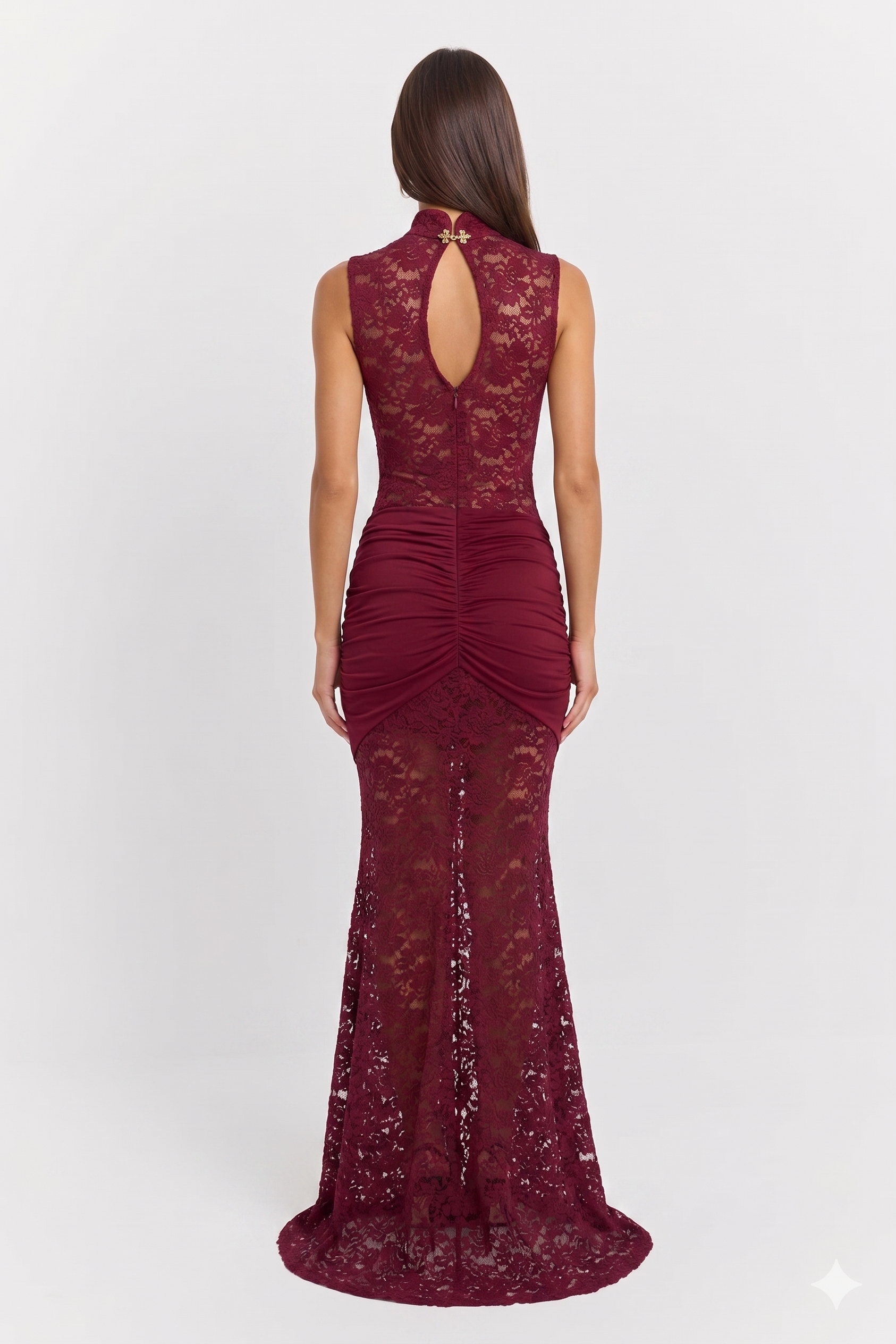 Burgundy Lace Ruched Maxi Dress
