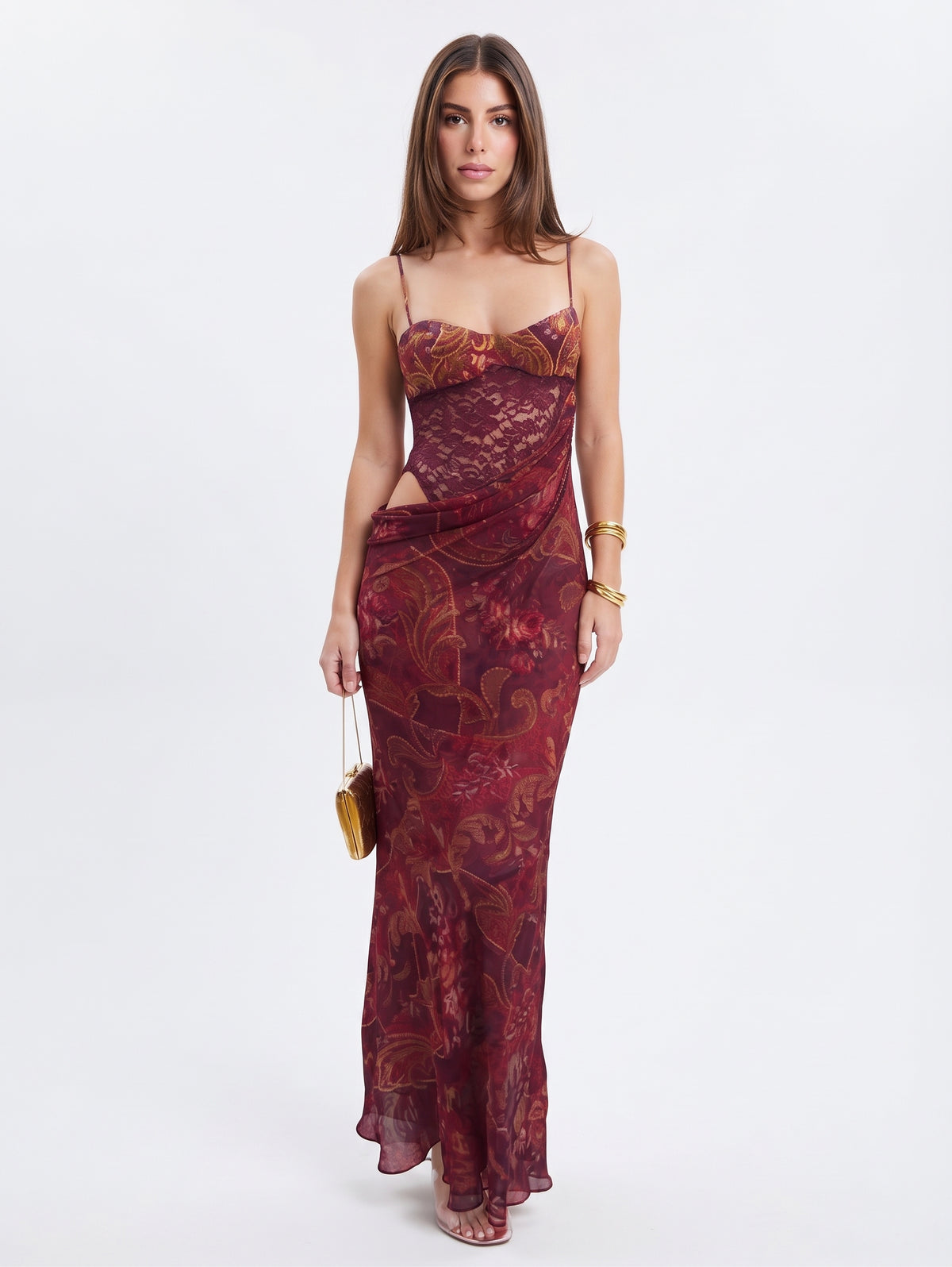 Wine Red Lace Bodysuit Chiffon Maxi Dress