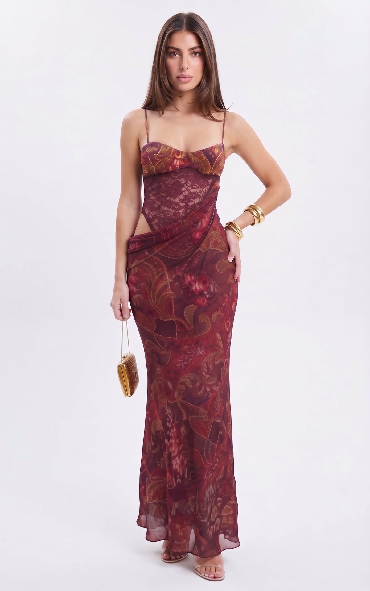 Wine Red Lace Bodysuit Chiffon Maxi Dress