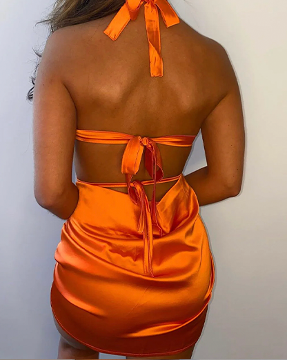 Orange Cutout Side Slits Halter Neck Satin Mini Dress