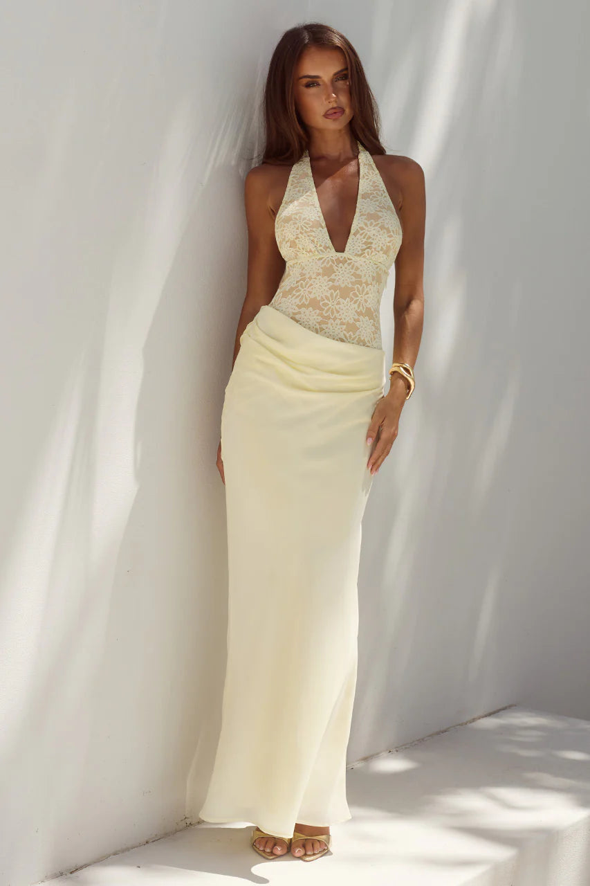 RUNAWAY THE LABEL LINA HALTER DRAPED MAXI DRESS - LEMON