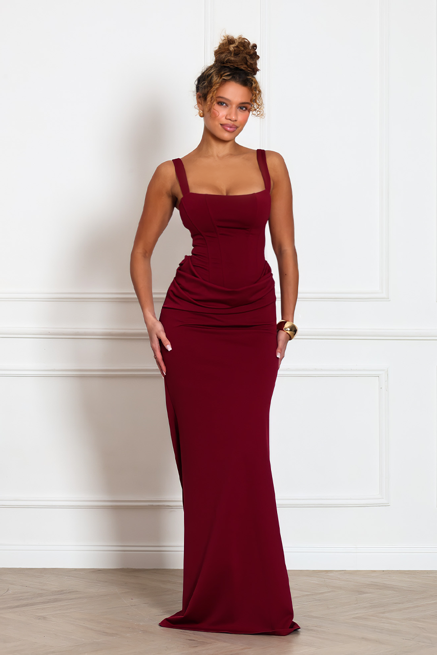 BURGUNDY RED CORSET DRAPE MAXI DRESS