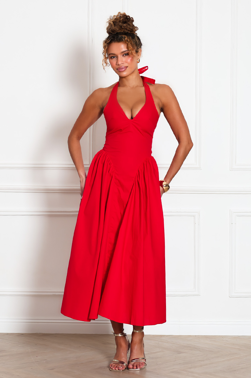 RED SKATER MIDI DRESS