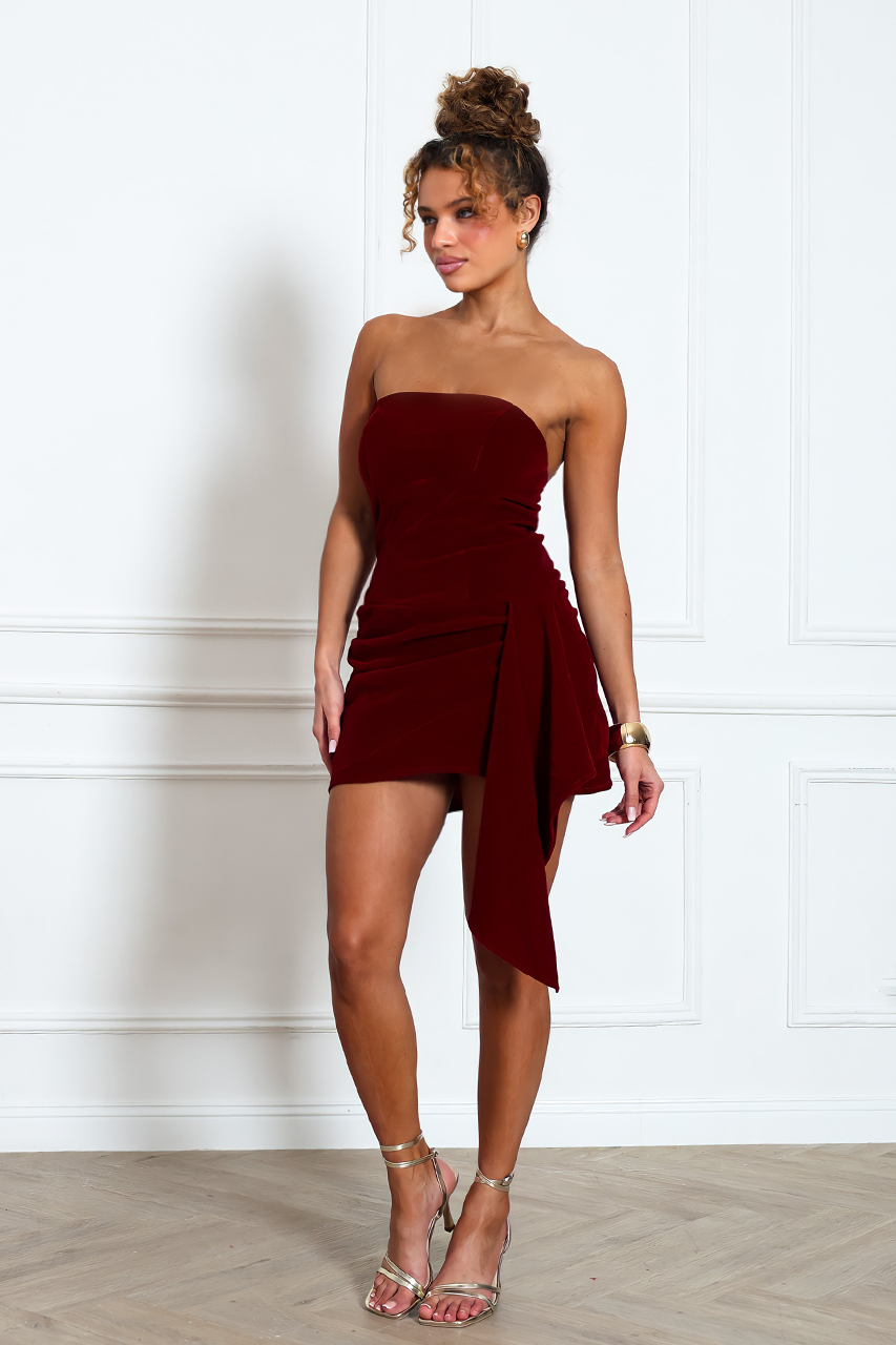 WINE RED VELVET BANDEAU MINI DRESS