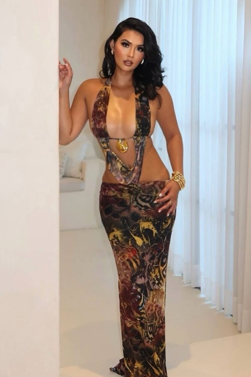 Brown Abstract Halter Maxi Dress
