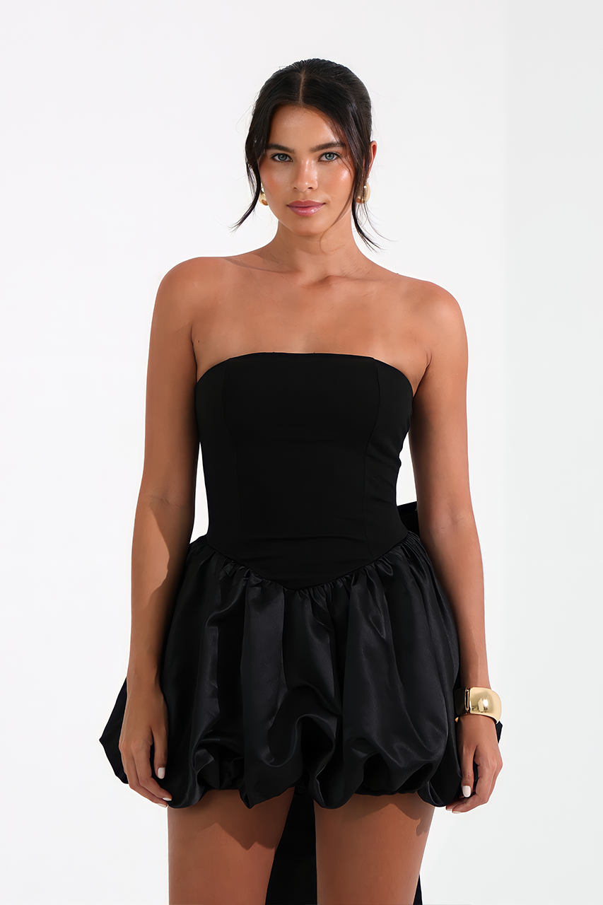 Black Puffball Bow Detail Bandeau Mini Dress