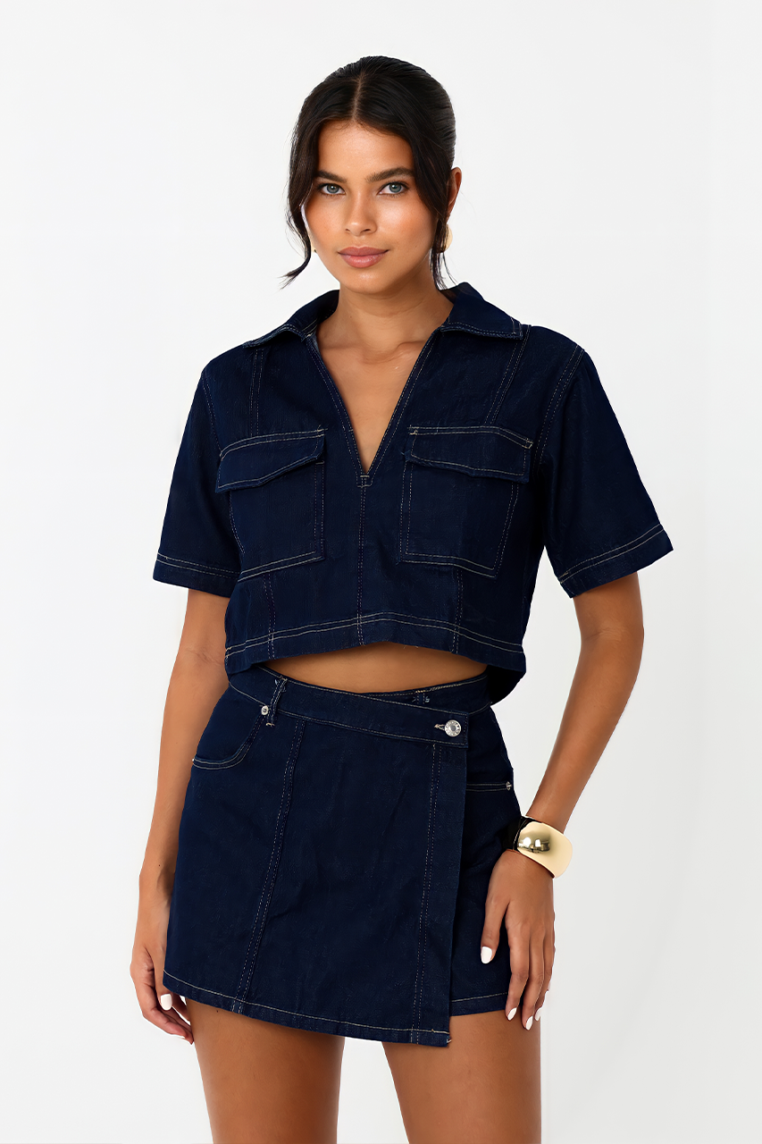 Indigo Blue Crop Shirt & Denim Skort Coord Set