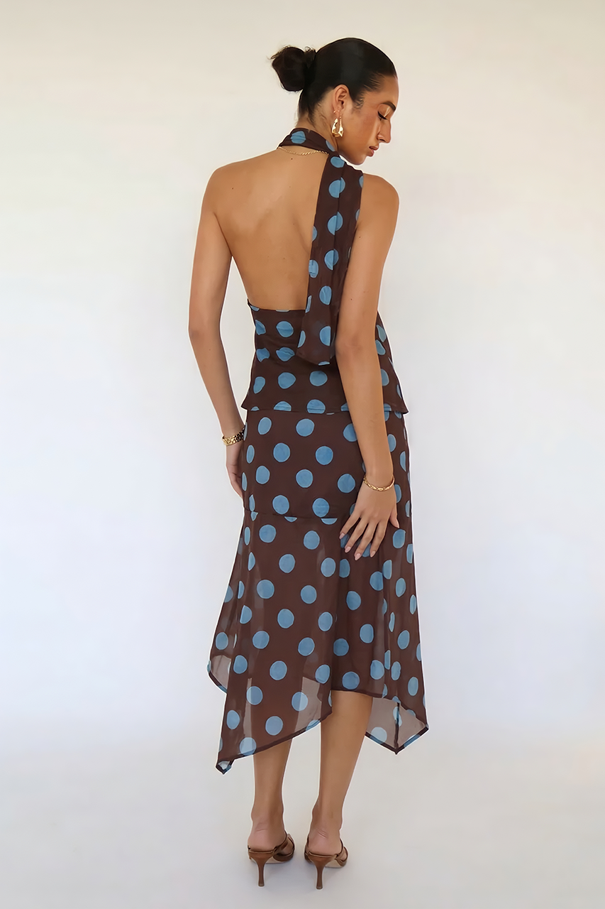 Brown & Blue Polka Midi Skirt & Cowl Top Coord