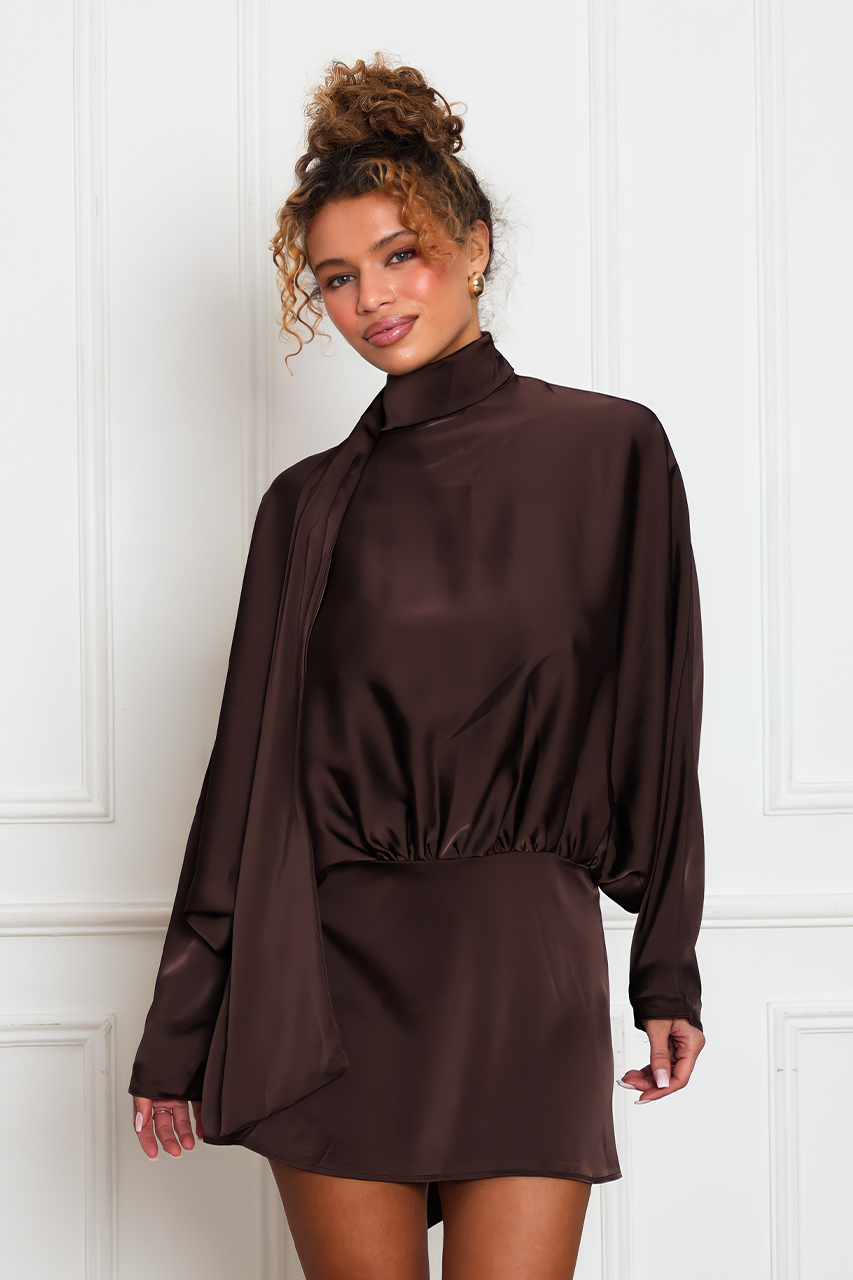 CHOCOLATE BROWN SATIN LONG SLEEVE MINI DRESS