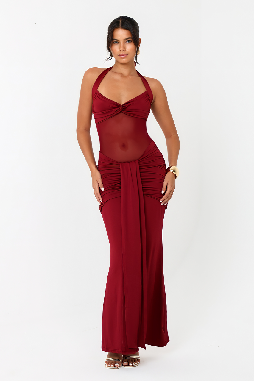 Burgundy Ruched Meshed Maxi Dress