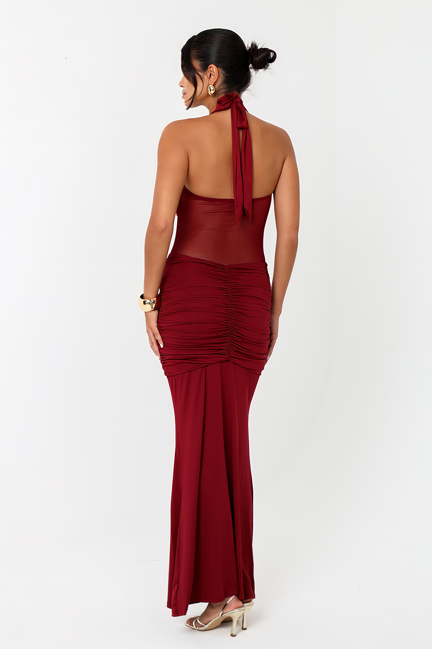 Burgundy Ruched Meshed Maxi Dress