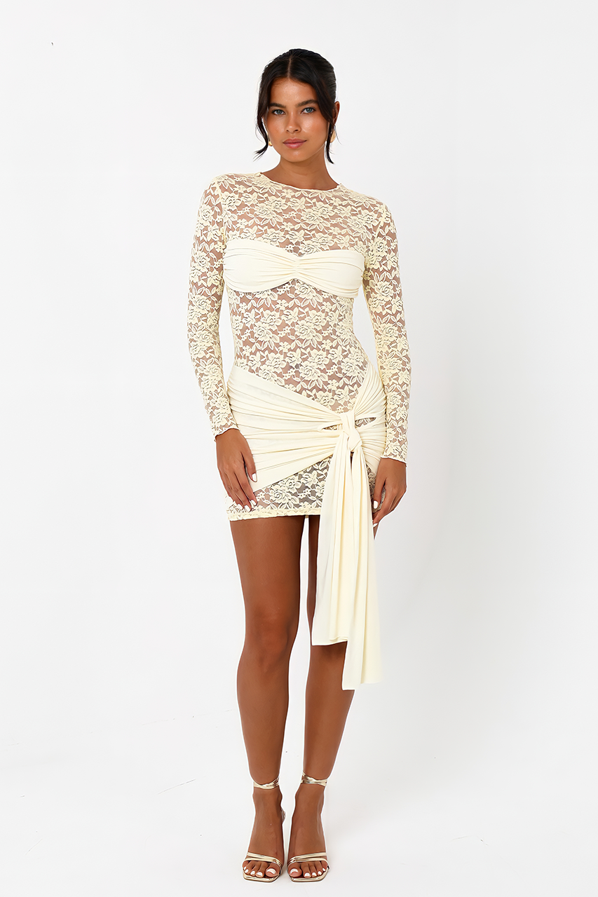 Butter Yellow Lace Ruched Long Sleeve Mini Dress