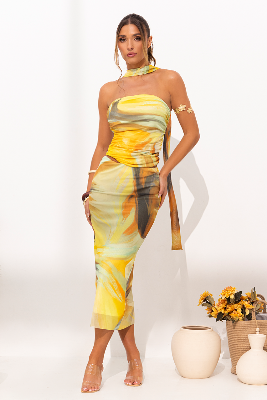 Green Abstract Layered Mesh Corset Top & Midi Skirt Coord