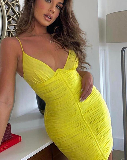 Yellow Rushed Mesh Double Layer Mini Dress