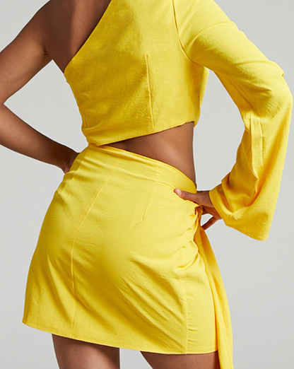 Yellow Linen One Sleeve Wrap Front Cutout Mini Dress