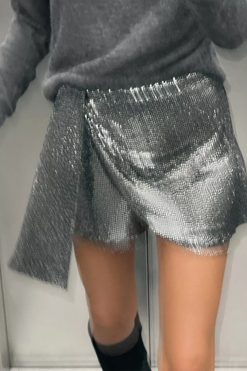 Black Metallic Silver Embellished Wrap Front Low Rise Skort