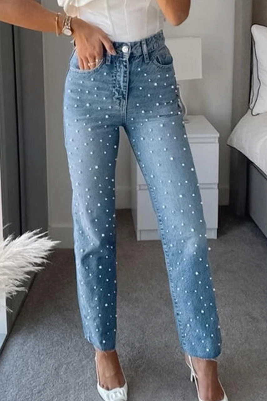 Blue Pearl Embellished Straight Leg Denim Jeans